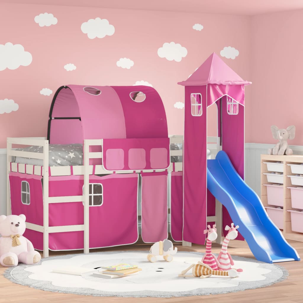 Children's loft bed with tower pink 90x200 cm solid pine wood