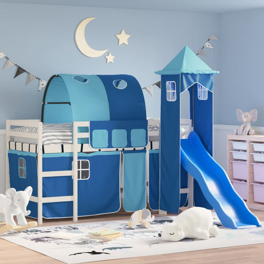 Children's loft bed with tower blue 90x190 cm solid pine wood