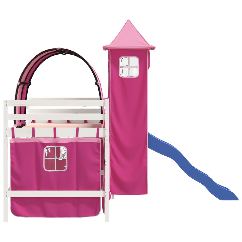 Children's loft bed with tower pink 90x190 cm solid pine wood