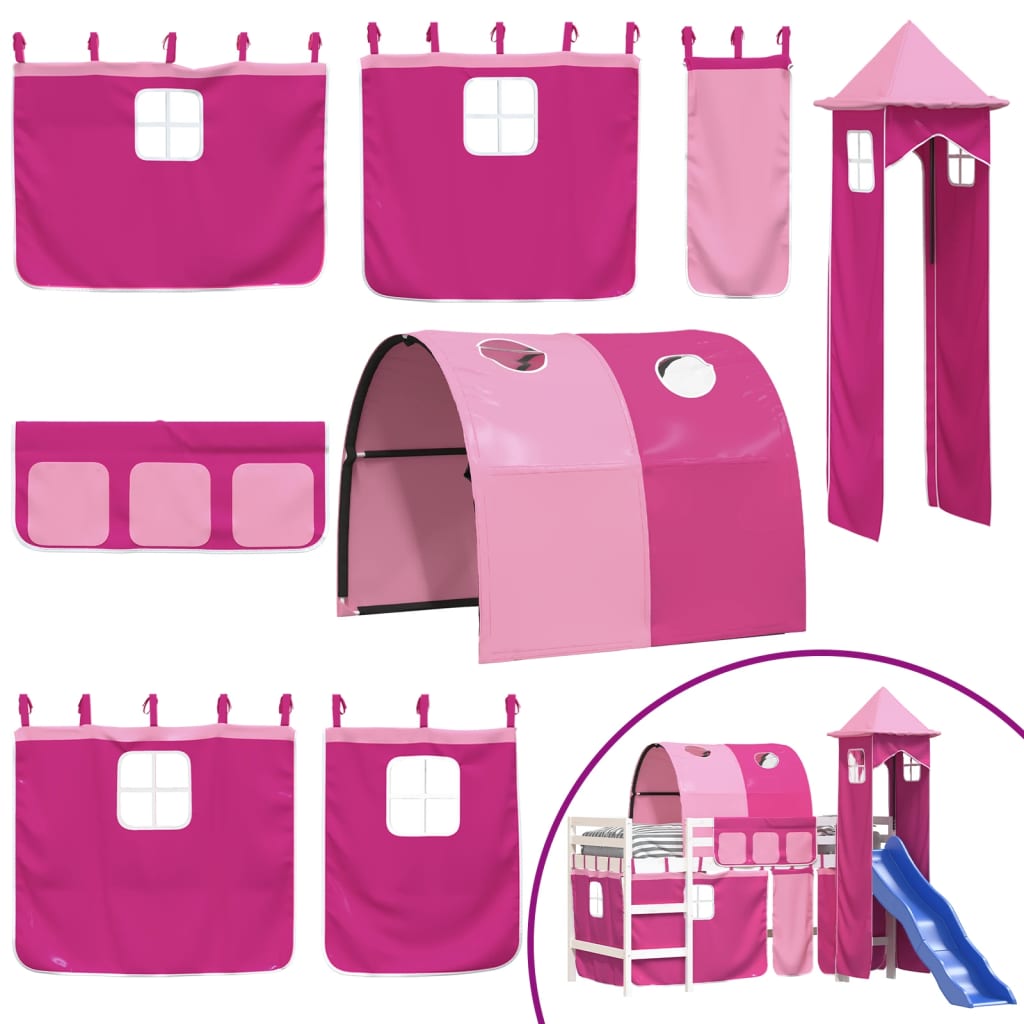 Children's loft bed with tower pink 90x190 cm solid pine wood