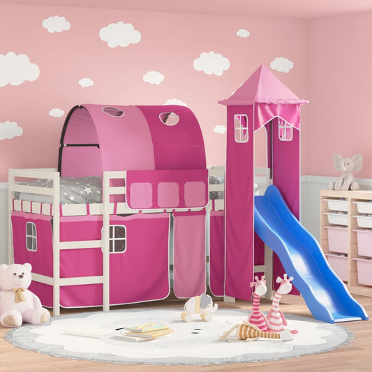 Children's loft bed with tower pink 90x190 cm solid pine wood
