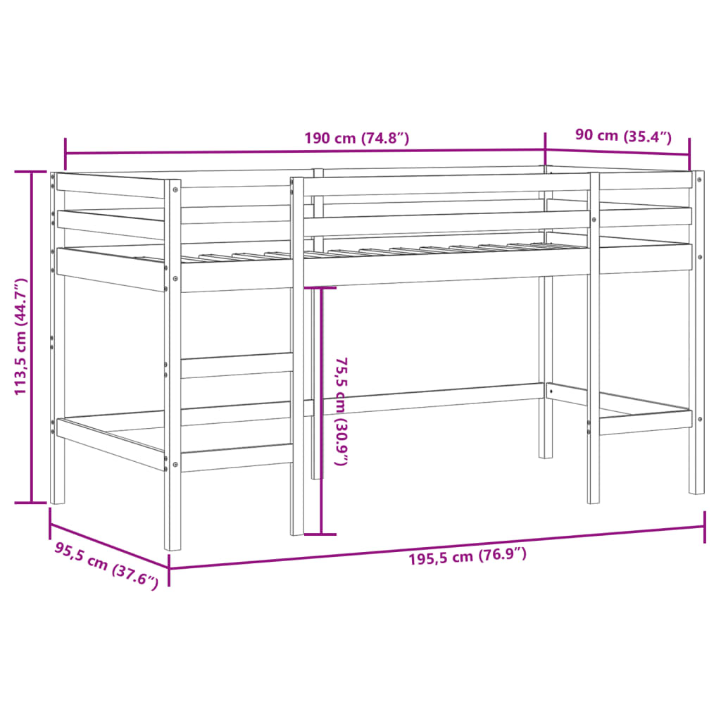 Children's loft bed with ladder 90x190 cm solid pine wood