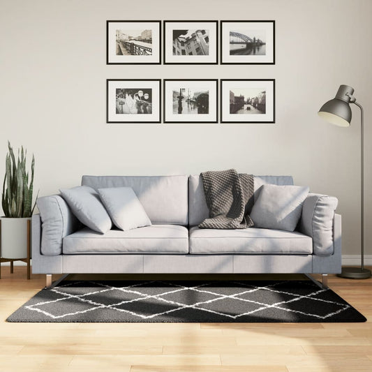 Tapis Shaggy Poils Longs Moderne Noir et Crème 80x150 cm