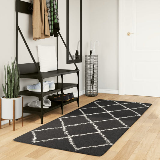 Tapis Shaggy Poils Longs Moderne Noir et Crème 80x200 cm
