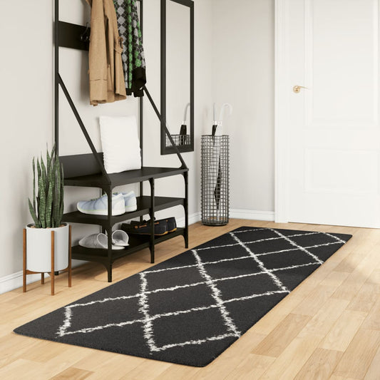 Tapis Shaggy Poils Longs Moderne Noir et Crème 80x250 cm