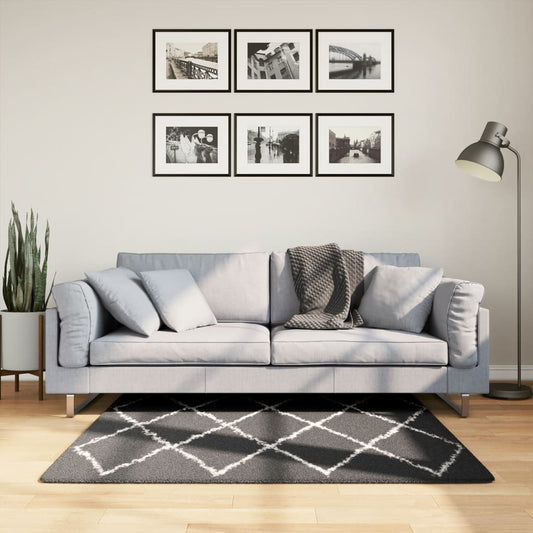 Tapis Shaggy Poils Longs Moderne Noir et Crème 120x120 cm