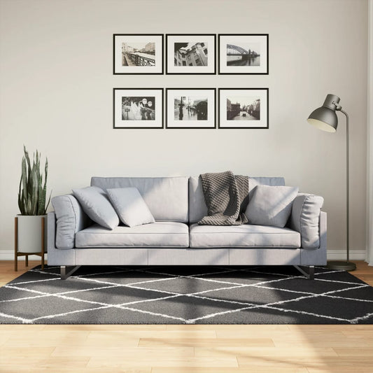 Tapis Shaggy Poils Longs Moderne Noir et Crème 140x200 cm