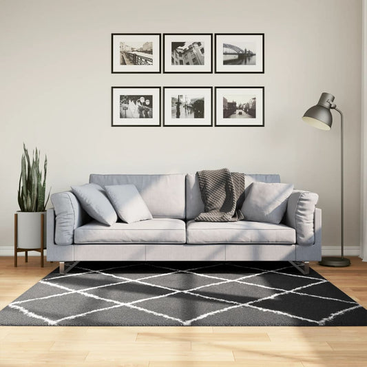 Tapis Shaggy Poils Longs Moderne Noir et Crème 160x160 cm