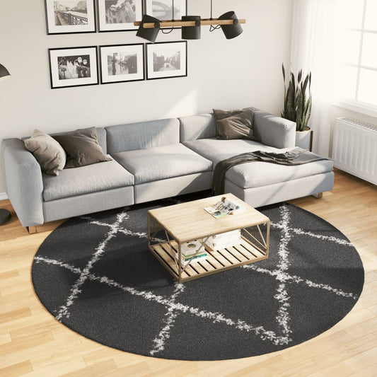 Tapis Shaggy Poils Longs Moderne Noir et Crème Ø 240 cm