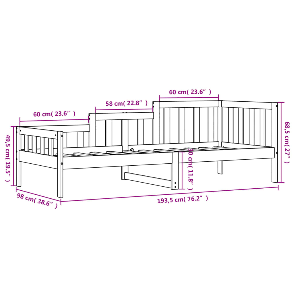 Lit de repos noir 90x190 cm en bois de pin massif