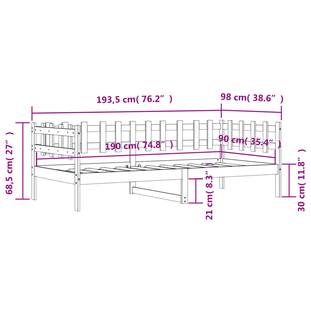 Lit de repos noir 90x190 cm en bois de pin massif