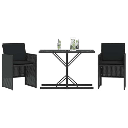 3-tlg. Bistro-Set mit Kissen Schwarz Poly Rattan