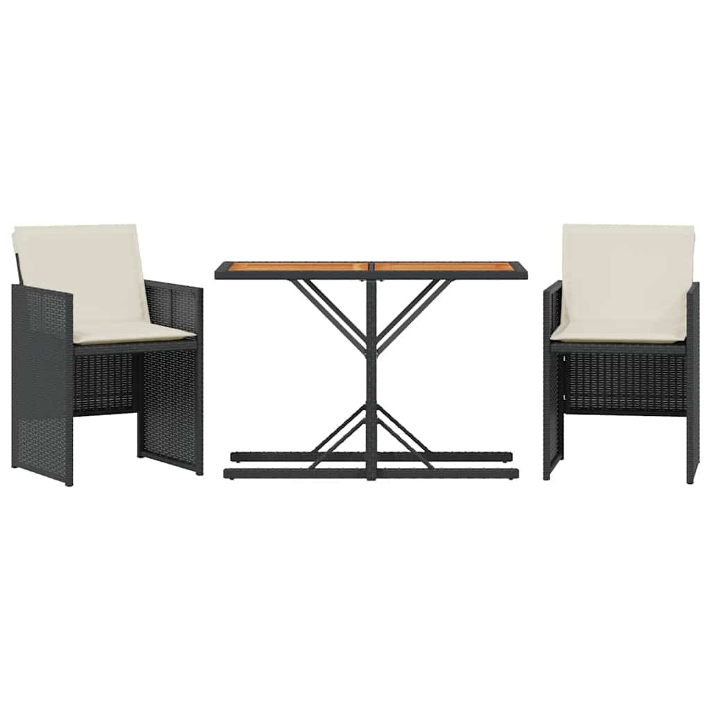 3-tlg. Bistro-Set mit Kissen Schwarz Poly Rattan