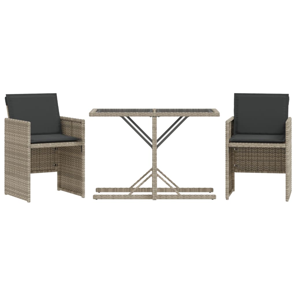 3-tlg. Bistro-Set mit Kissen Hellgrau Poly Rattan