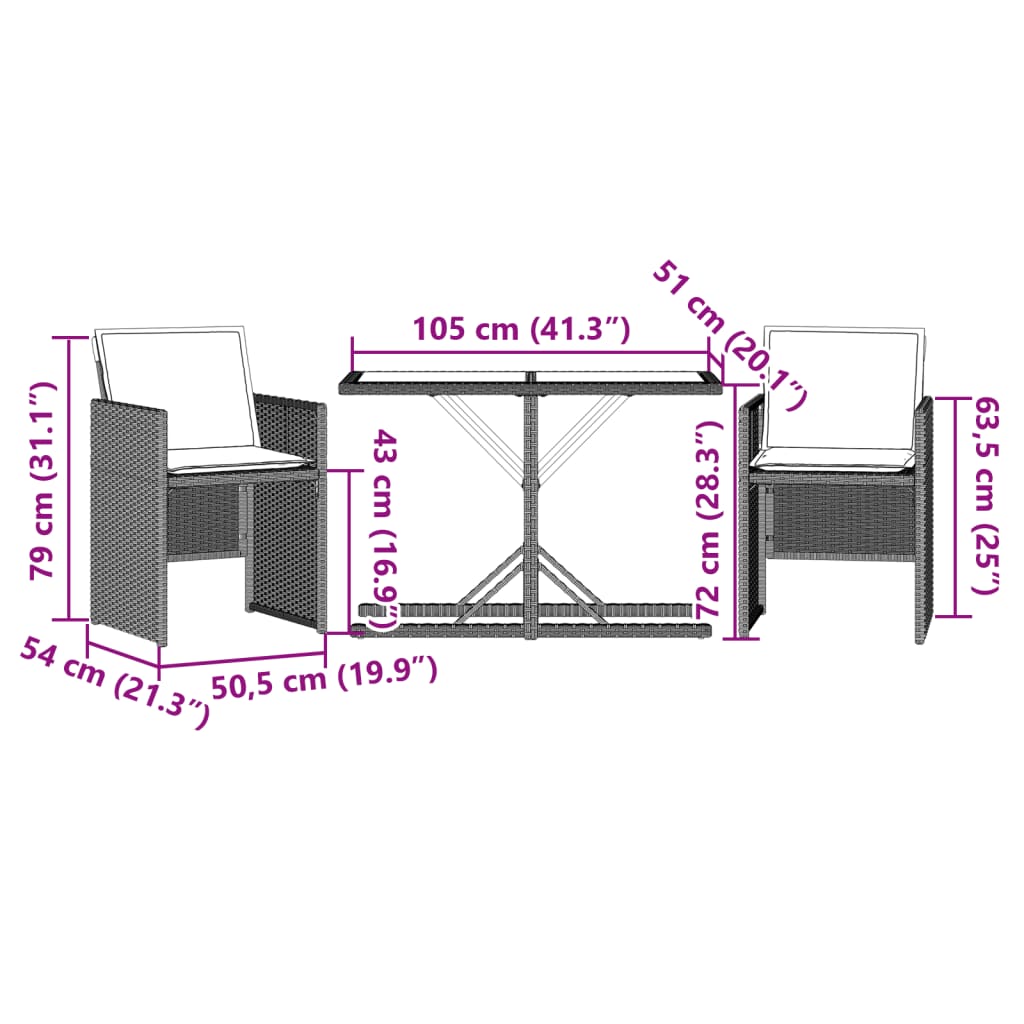 3-tlg. Bistro-Set mit Kissen Hellgrau Poly Rattan