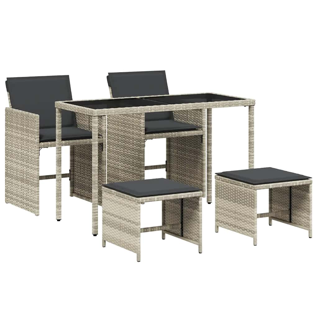 5-tlg. Garten-Essgruppe mit Kissen Hellgrau Poly Rattan