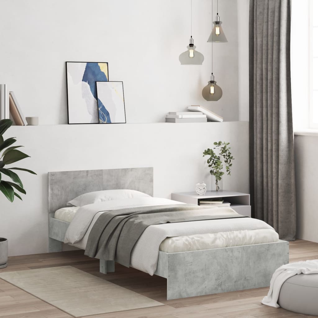 Bed frame with headboard concrete grey 100x200 cm wood material