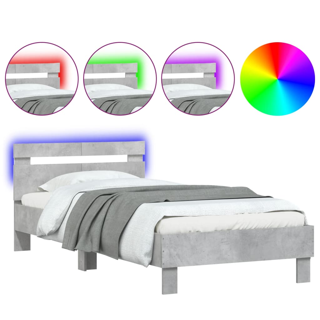Bed frame with headboard and LED lights concrete grey 100x200 cm