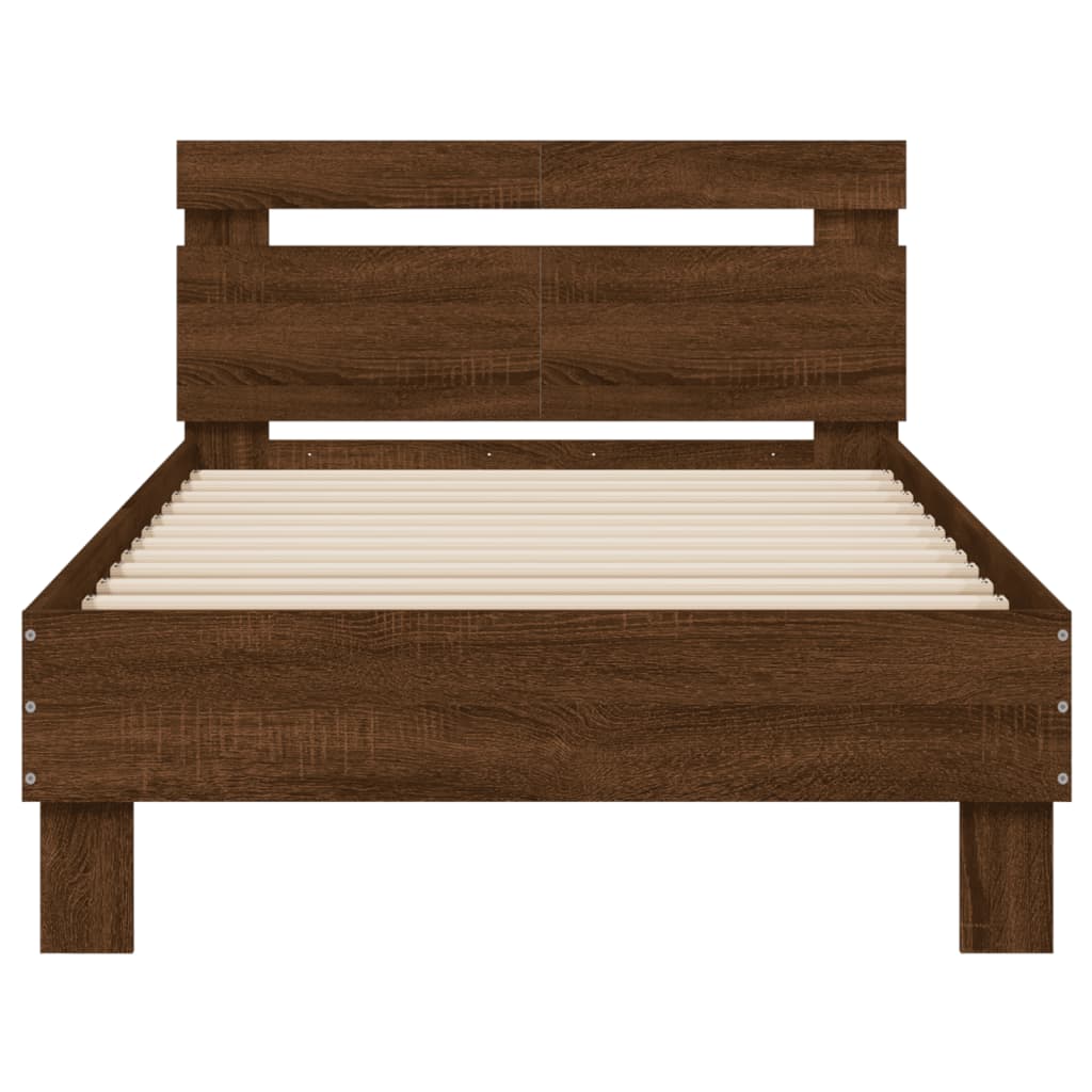 Bed frame with headboard and LED lights brown oak 100x200cm
