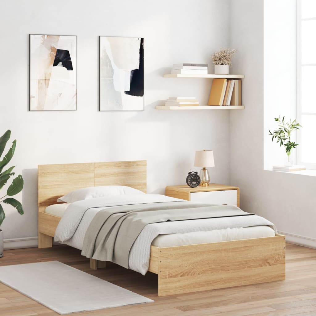 Bed frame with headboard &amp; LED lights Sonoma oak 100x200 cm