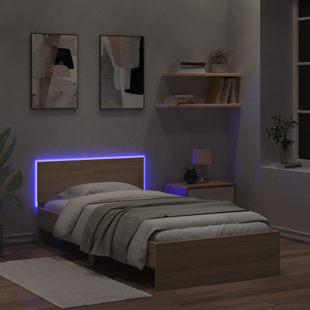 Bed frame with headboard &amp; LED lights Sonoma oak 100x200 cm