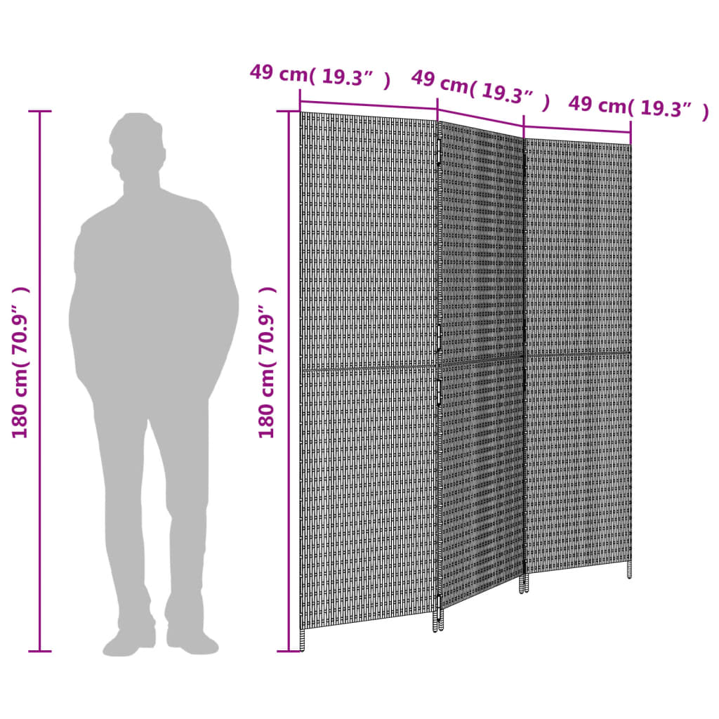 Paravent 3-tlg. Schwarz Poly Rattan