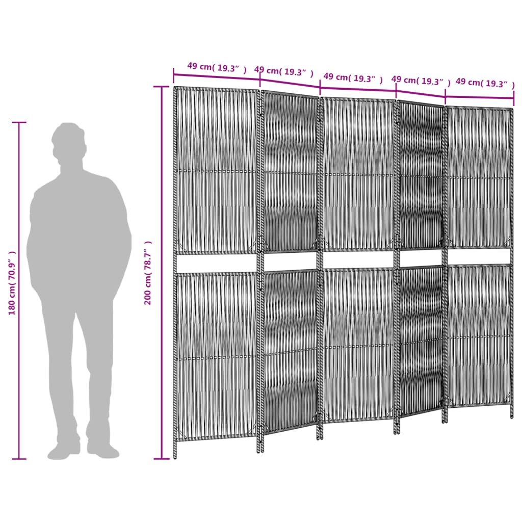 Paravent 5-tlg. Grau Poly Rattan