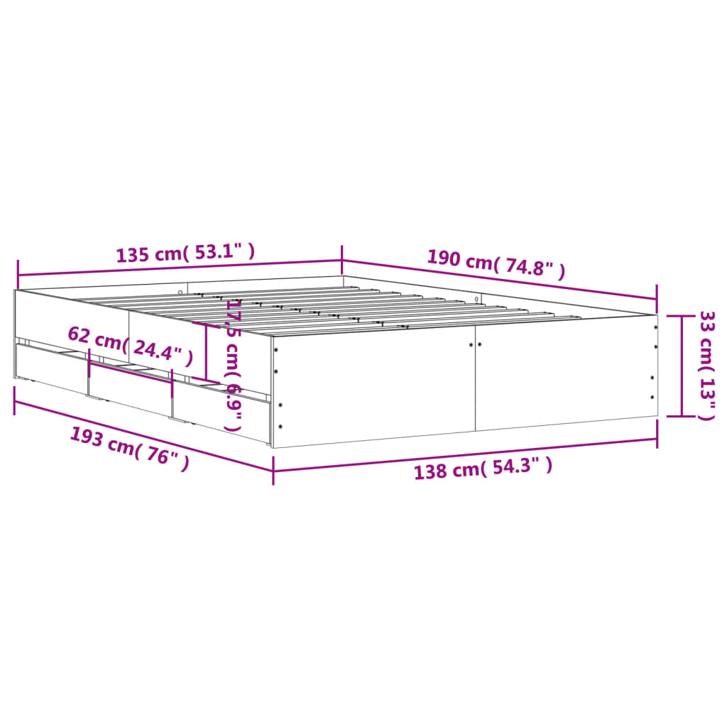 Bettgestell mit Schubladen Sonoma-Eiche 135x190cm Holzwerkstoff