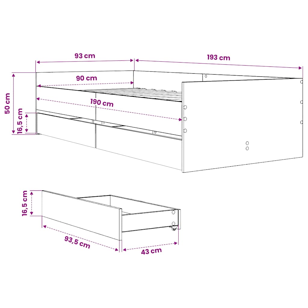 Bettgestell mit Schubladen Schwarz 90x190 cm