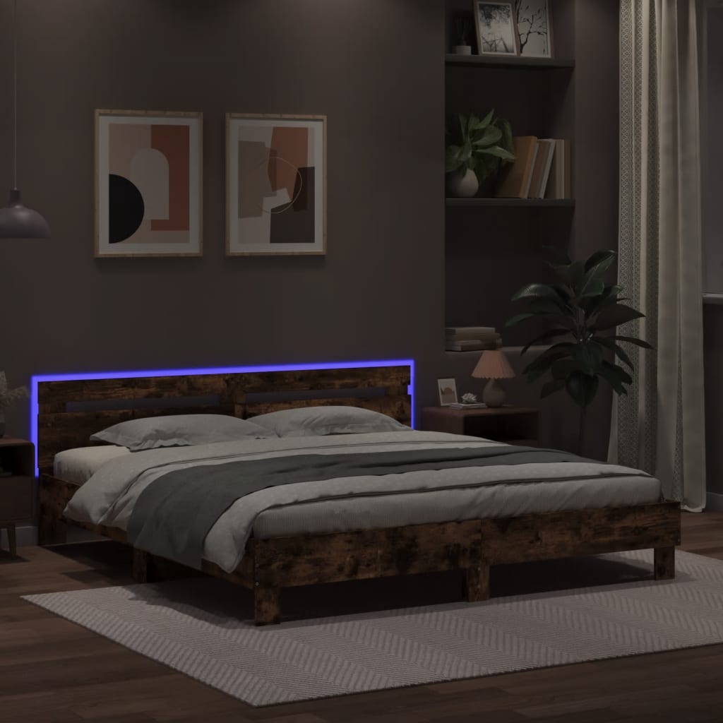 Bettgestell mit Kopfteil und LED-Beleuchtung Räuchereiche