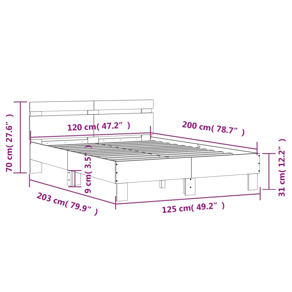Bettgestell mit Kopfteil LED-Beleuchtung Grau Sonoma 120x200 cm