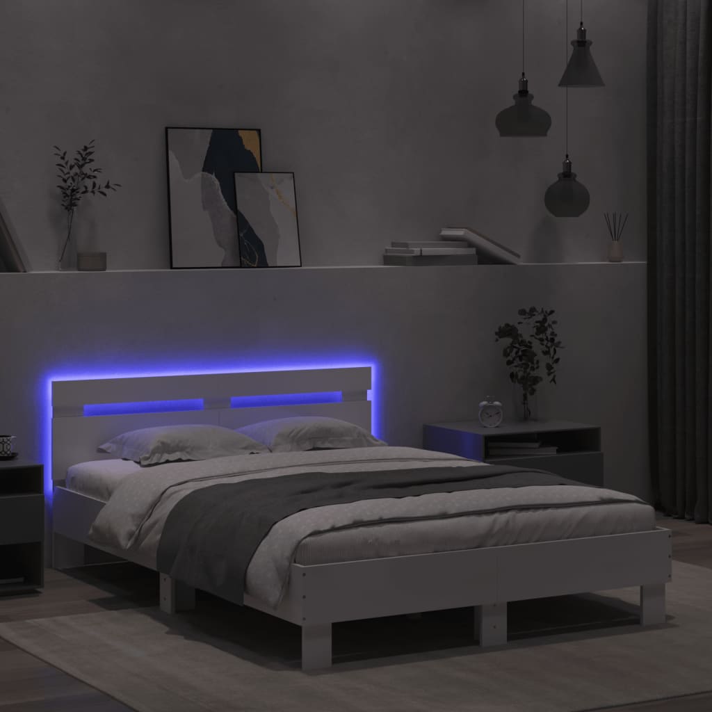 Bettgestell mit Kopfteil LED-Beleuchtung Weiß 135x190 cm