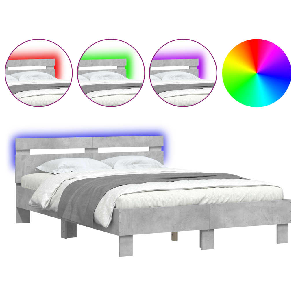 Bettgestell mit Kopfteil LED-Beleuchtung Betongrau 135x190 cm