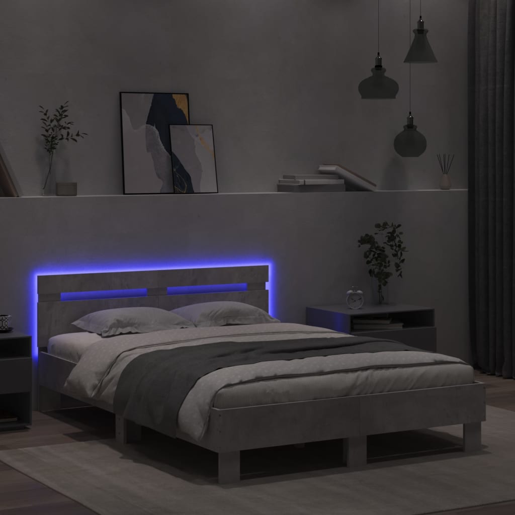 Bettgestell mit Kopfteil LED-Beleuchtung Betongrau 135x190 cm