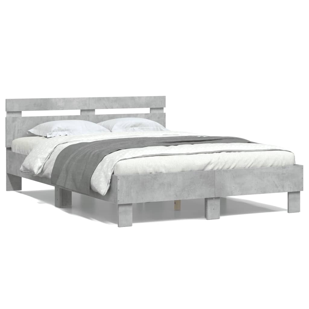 Bettgestell mit Kopfteil LED-Beleuchtung Betongrau 135x190 cm