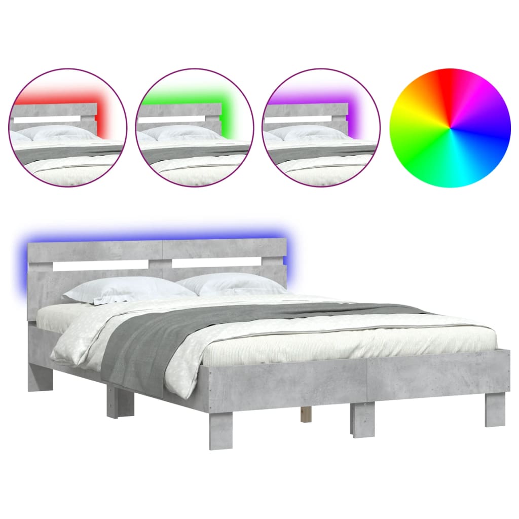 Bettgestell mit Kopfteil LED-Beleuchtung Betongrau 120x190 cm