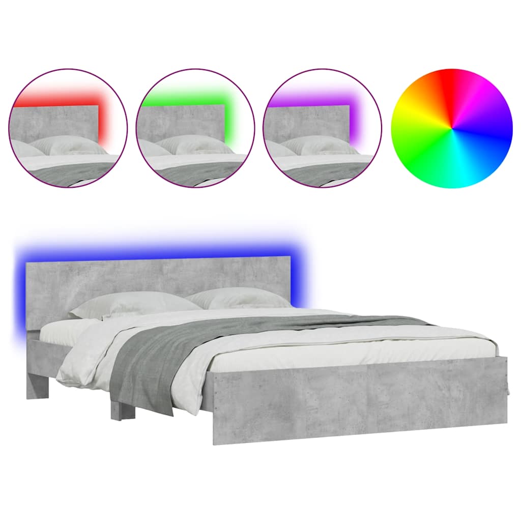 Bettgestell mit Kopfteil LED-Beleuchtung Betongrau 150x200 cm