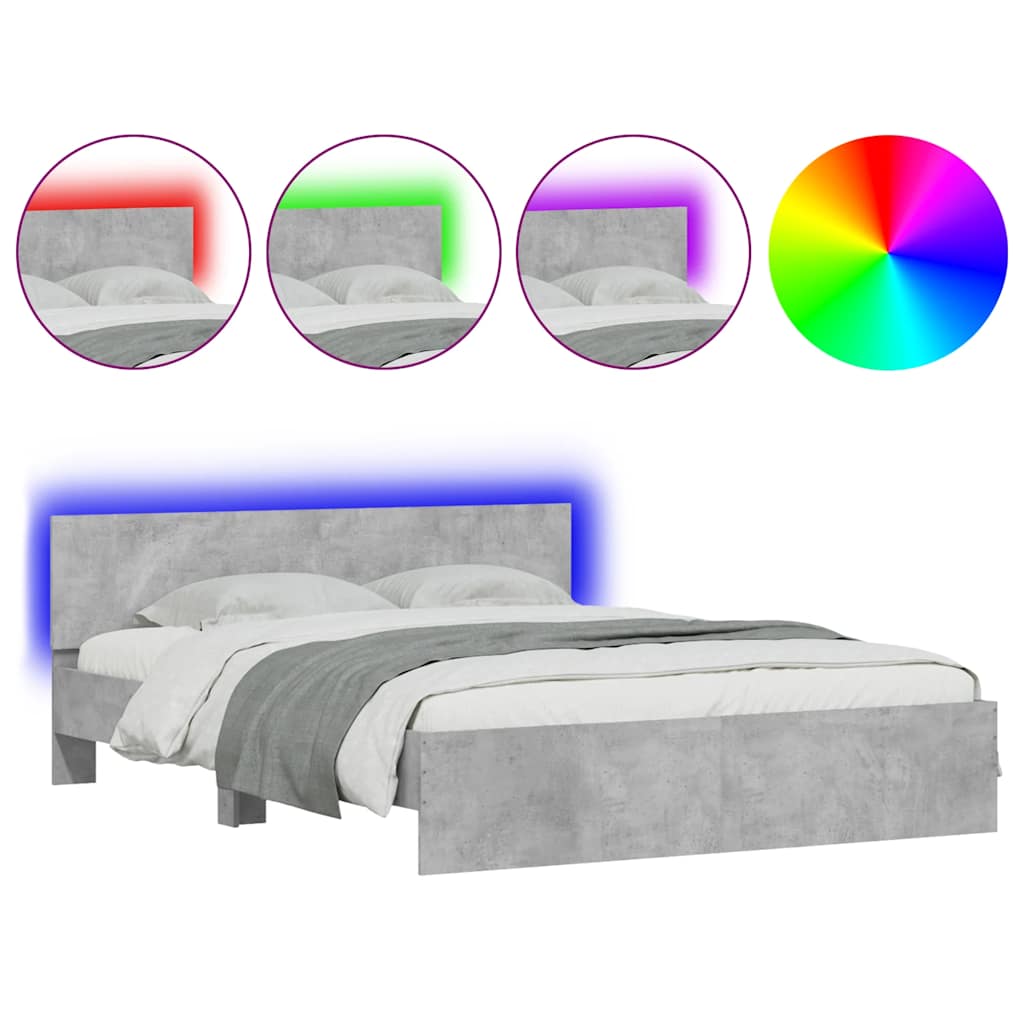 Bettgestell mit Kopfteil LED-Beleuchtung Betongrau 150x200 cm