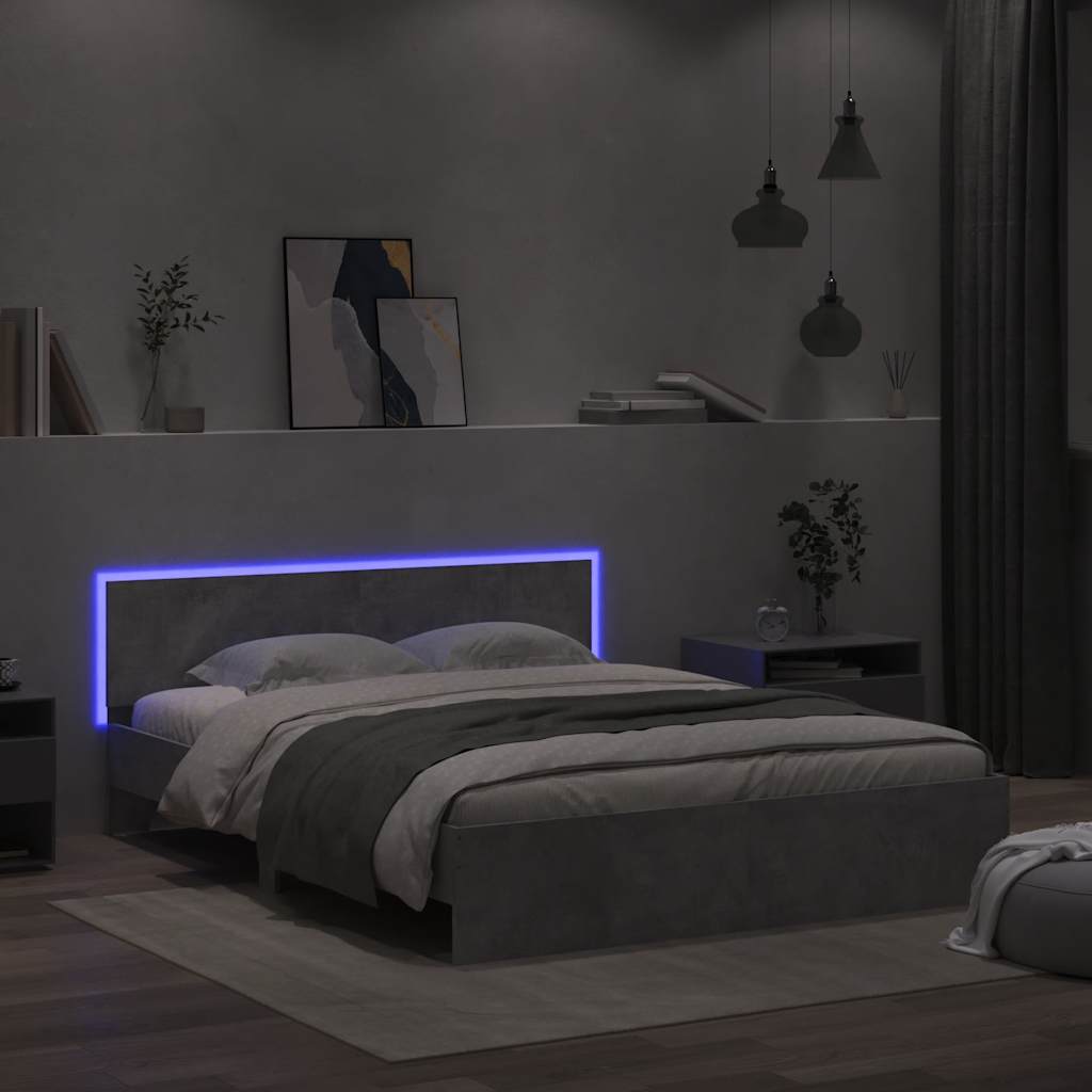 Bettgestell mit Kopfteil LED-Beleuchtung Betongrau 150x200 cm