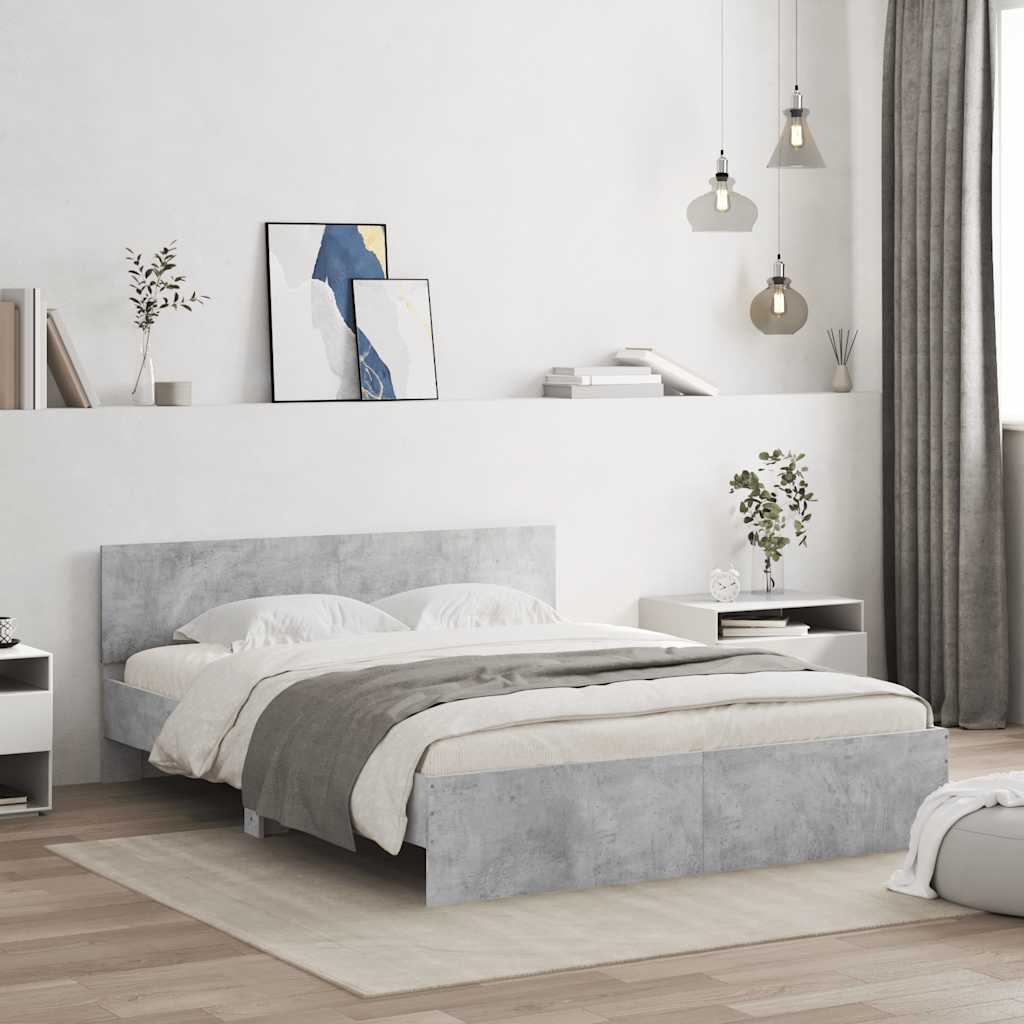 Bettgestell mit Kopfteil LED-Beleuchtung Betongrau 150x200 cm