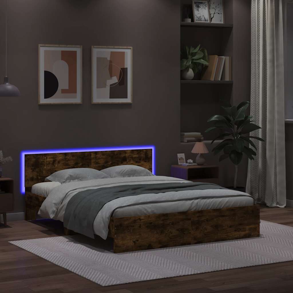 Bettgestell mit Kopfteil LED-Beleuchtung Räuchereiche 150x200cm