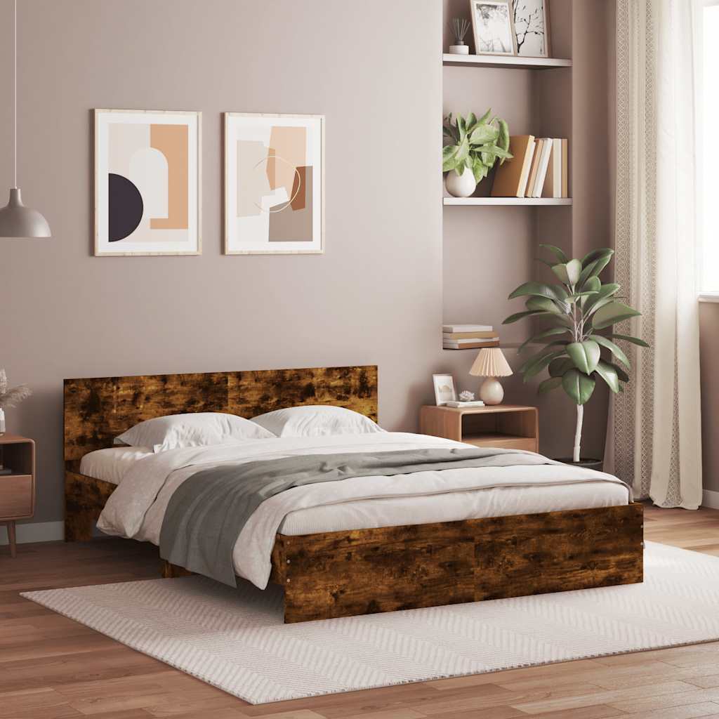 Bettgestell mit Kopfteil LED-Beleuchtung Räuchereiche 150x200cm
