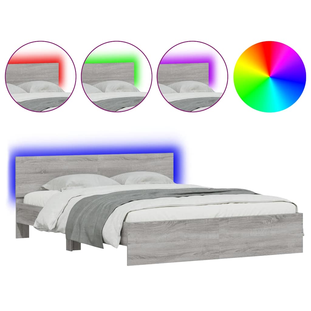 Bettgestell mit Kopfteil LED-Beleuchtung Grau Sonoma 150x200 cm
