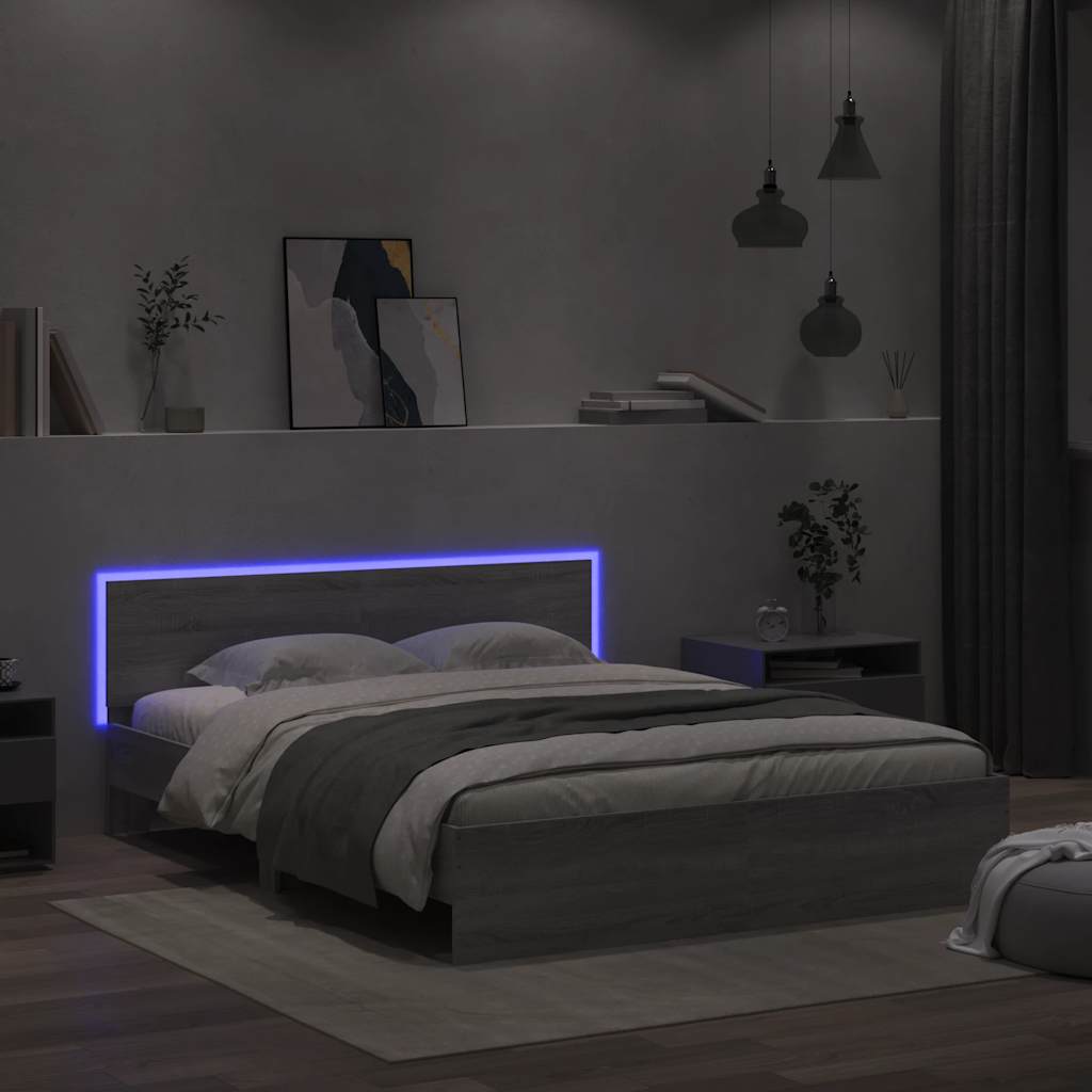 Bettgestell mit Kopfteil LED-Beleuchtung Grau Sonoma 150x200 cm