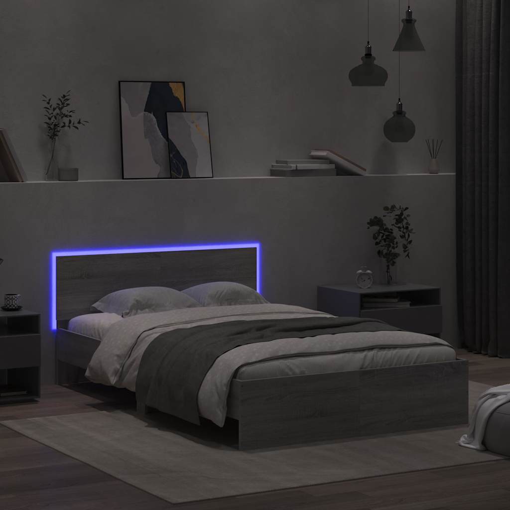 Bettgestell mit Kopfteil LED-Beleuchtung Grau Sonoma 140x200 cm
