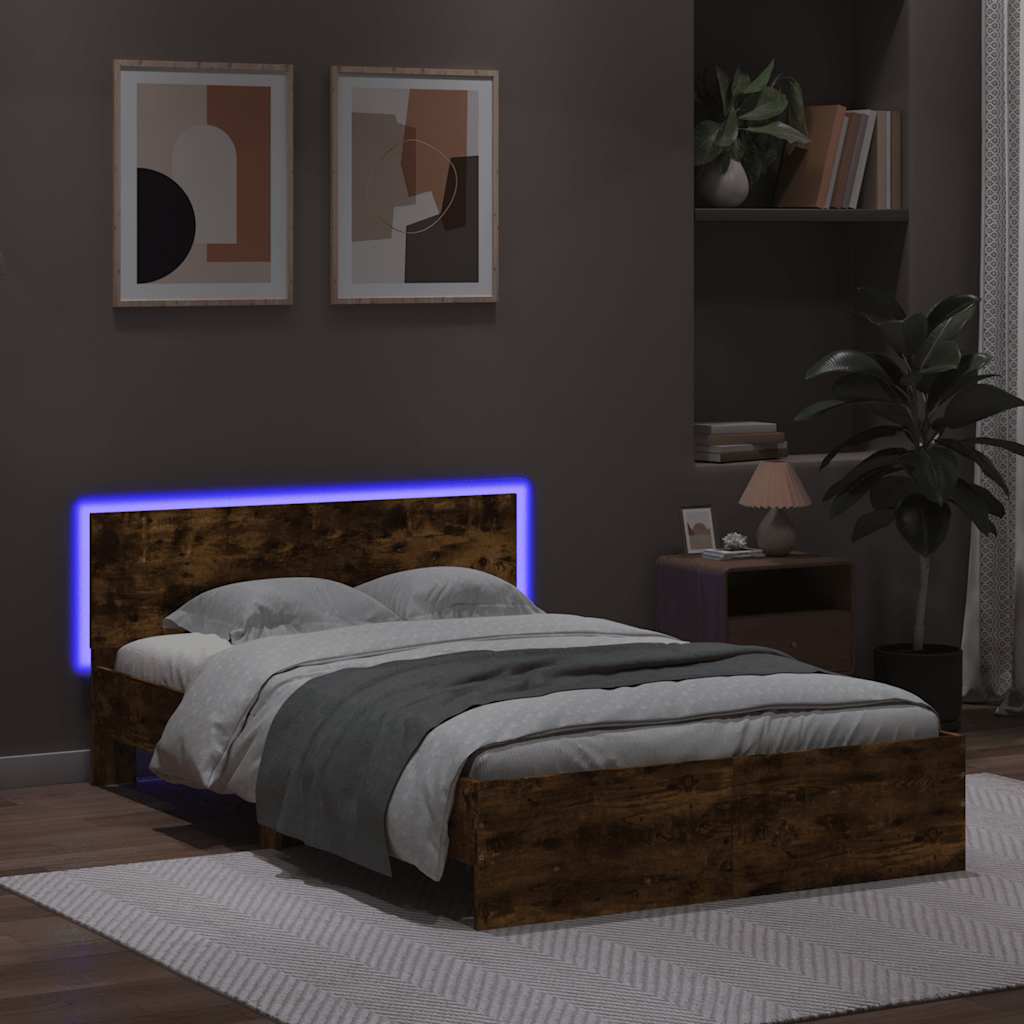 Bettgestell mit Kopfteil LED-Beleuchtung Räuchereiche 120x200cm