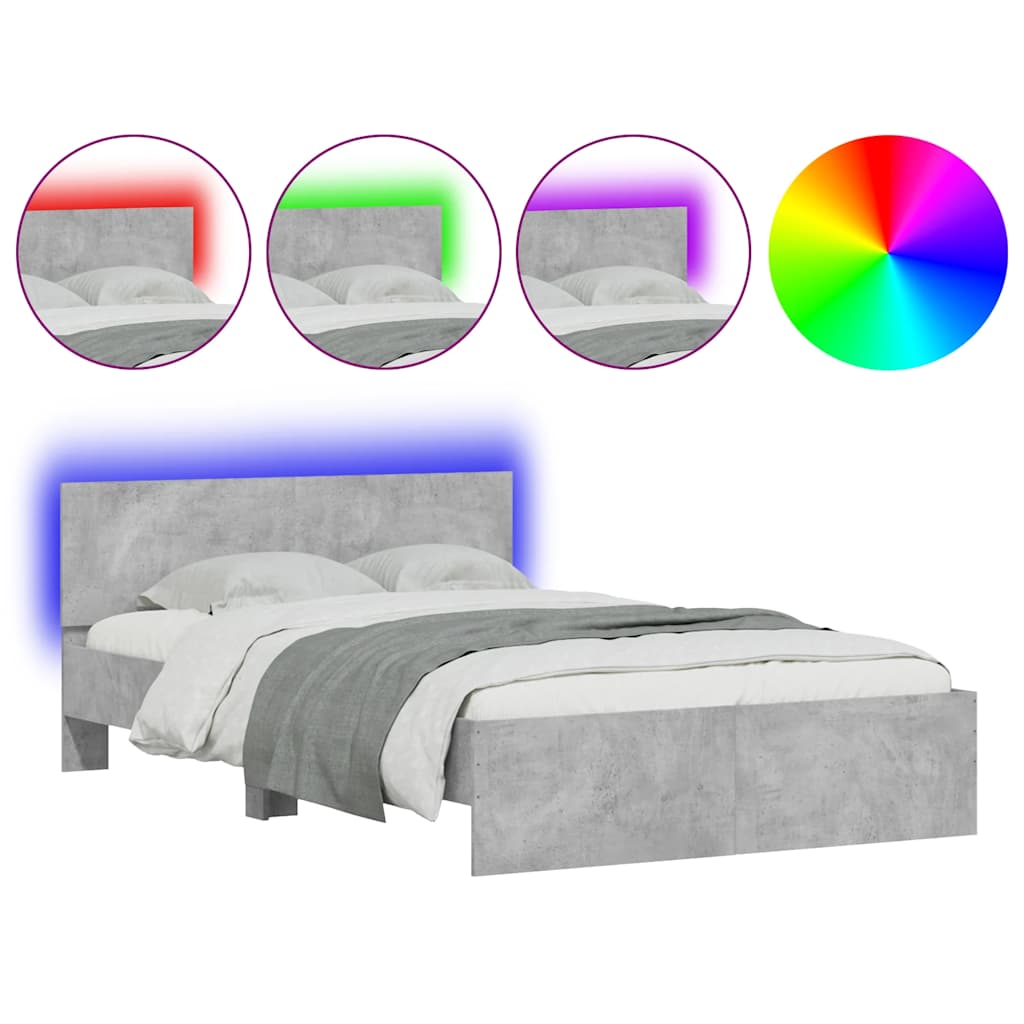 Bettgestell mit Kopfteil LED-Beleuchtung Betongrau 135x190 cm