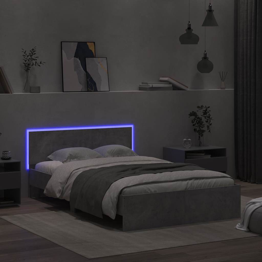 Bettgestell mit Kopfteil LED-Beleuchtung Betongrau 135x190 cm