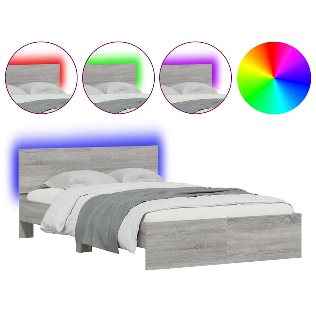 Bettgestell mit Kopfteil LED-Beleuchtung Grau Sonoma 135x190 cm