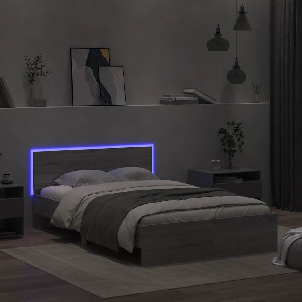Bettgestell mit Kopfteil LED-Beleuchtung Grau Sonoma 135x190 cm